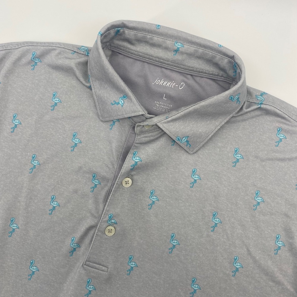 Johnnie-O Polo Shirt Mens L Gray Flamingo Print Marchie Performance Golf